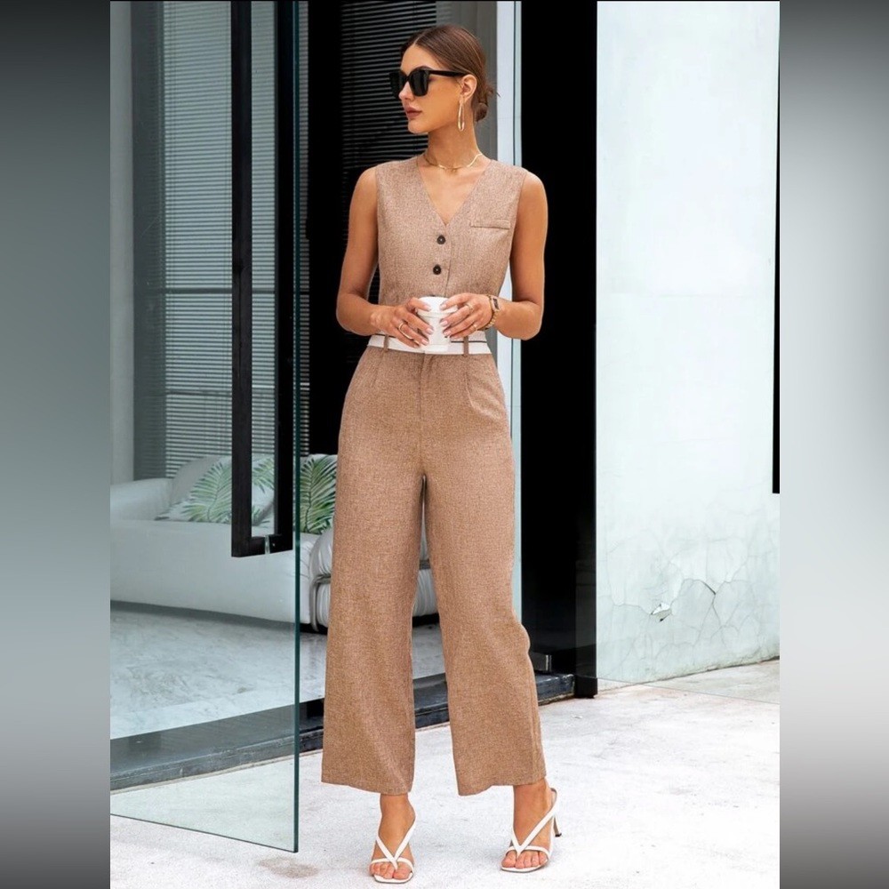 💛 Womens Collection Button Front Vest Blazer & Wide Leg Pants Set - Picture 2 of 12